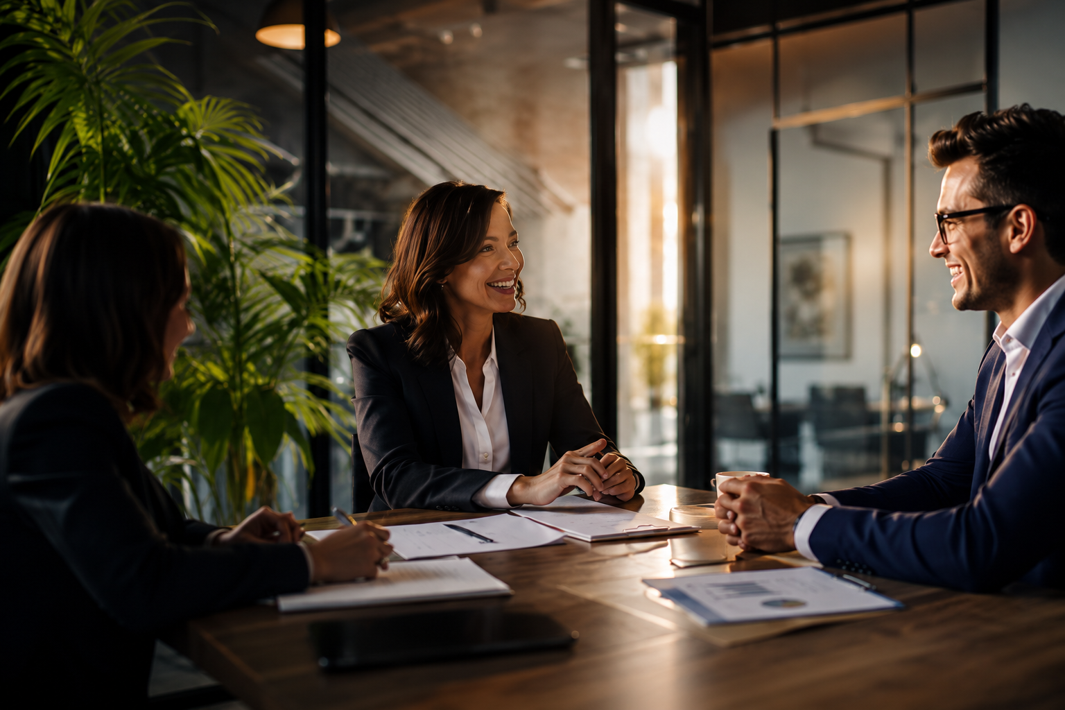Insurance agents meeting with a client in a modern office